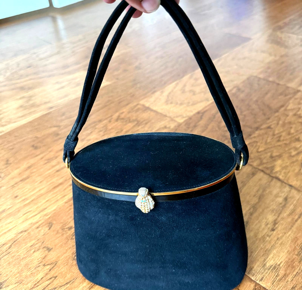 1940s Vintage Bienen-Davis Black Suede Handbag Purse Evening Cocktail Party